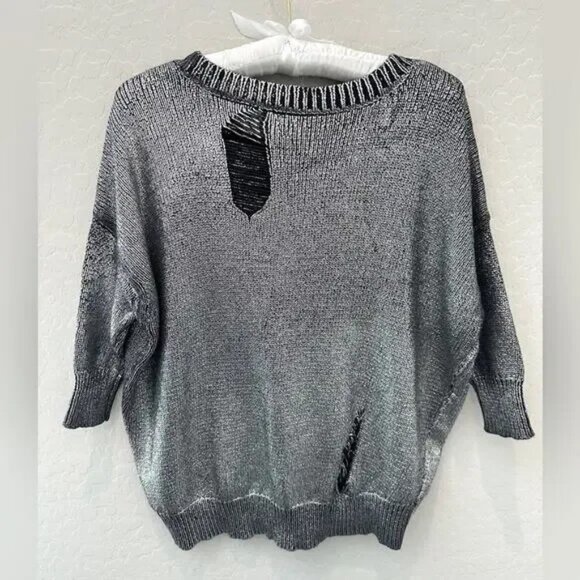 GUESS | Silver Metallic Distressed Sweater Grunge Knit Pullover | Size Small - Picture 2 of 2